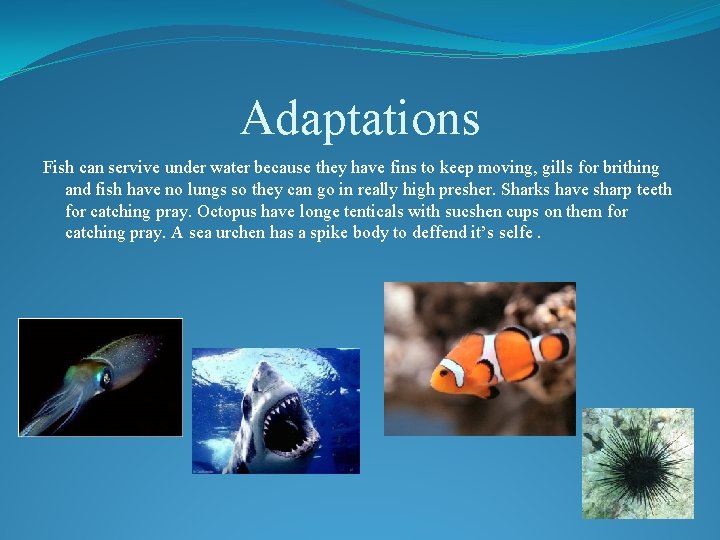 Adaptations Fish can servive under water because they have fins to keep moving, gills