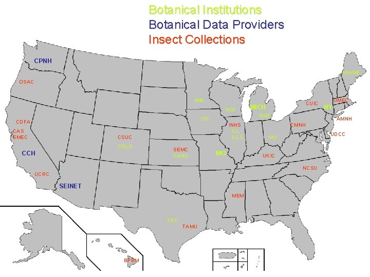 Botanical Institutions Botanical Data Providers Insect Collections CPNH MAINE OSAC MIN WIS CAS EMEC