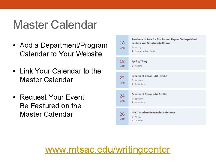 Master Calendar • Add a Department/Program Calendar to Your Website • Link Your Calendar