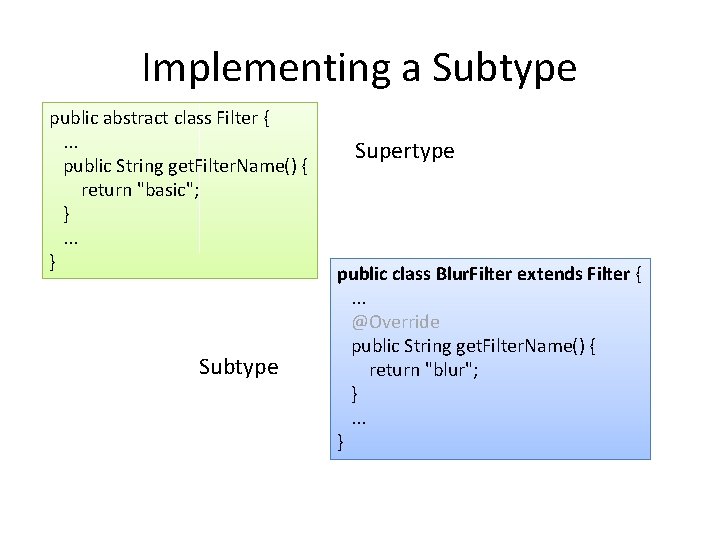 Implementing a Subtype public abstract class Filter {. . . public String get. Filter.