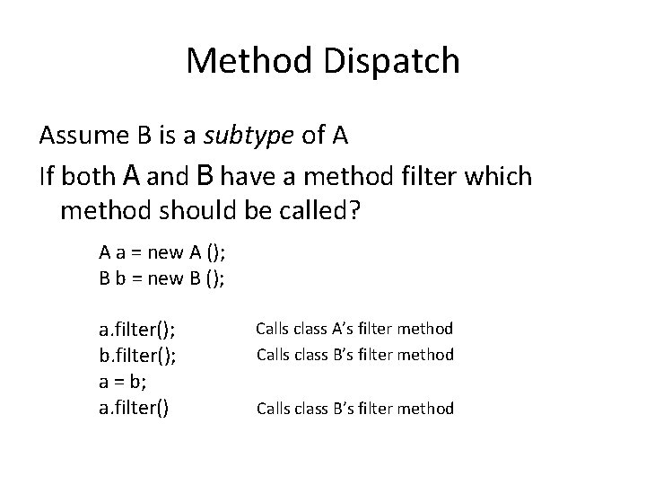 Method Dispatch Assume B is a subtype of A If both A and B