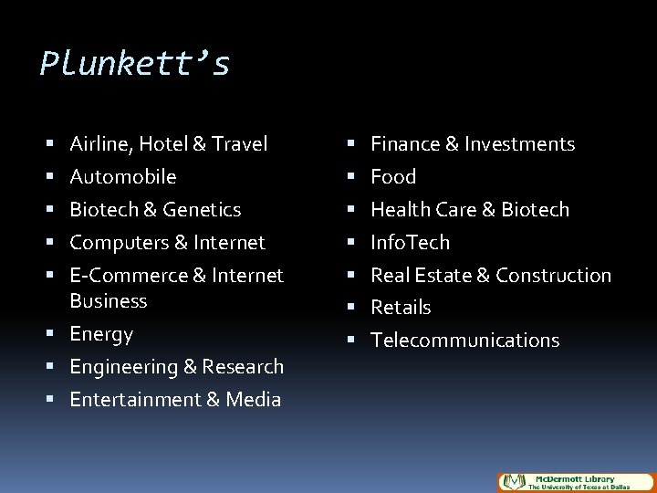 Plunkett’s Airline, Hotel & Travel Finance & Investments Automobile Food Biotech & Genetics Health