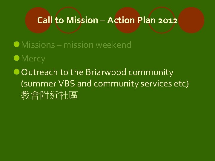 Call to Mission – Action Plan 2012 l Missions – mission weekend l Mercy