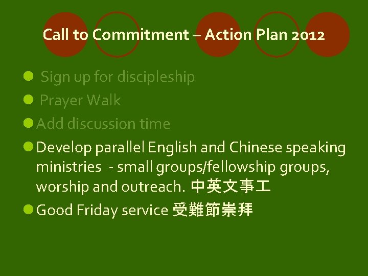 Call to Commitment – Action Plan 2012 l Sign up for discipleship l Prayer