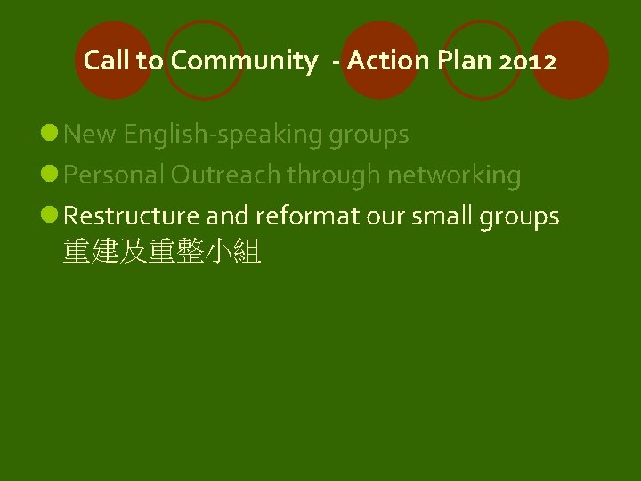 Call to Community - Action Plan 2012 l New English-speaking groups l Personal Outreach