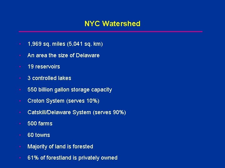 NYC Watershed • 1, 969 sq. miles (5, 041 sq. km) • An area