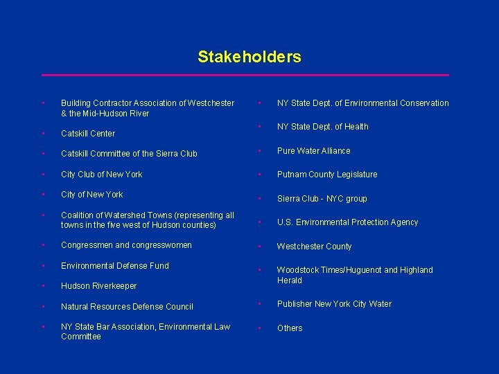 Stakeholders • NY State Dept. of Environmental Conservation • NY State Dept. of Health
