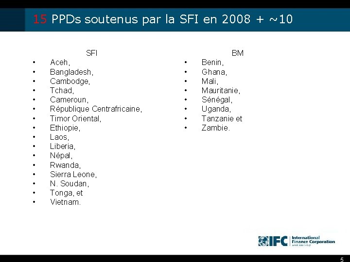 15 PPDs soutenus par la SFI en 2008 + ~10 BM SFI • •