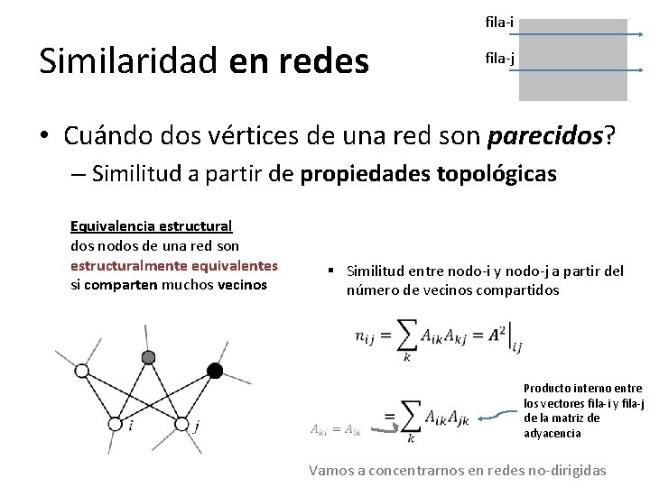 fila-i Similaridad en redes fila-j • Cuándo dos vértices de una red son parecidos?
