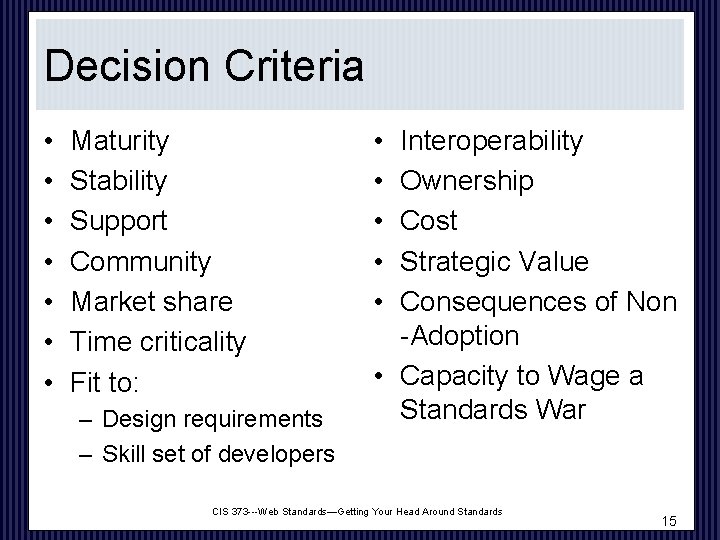 Decision Criteria • • Maturity Stability Support Community Market share Time criticality Fit to: