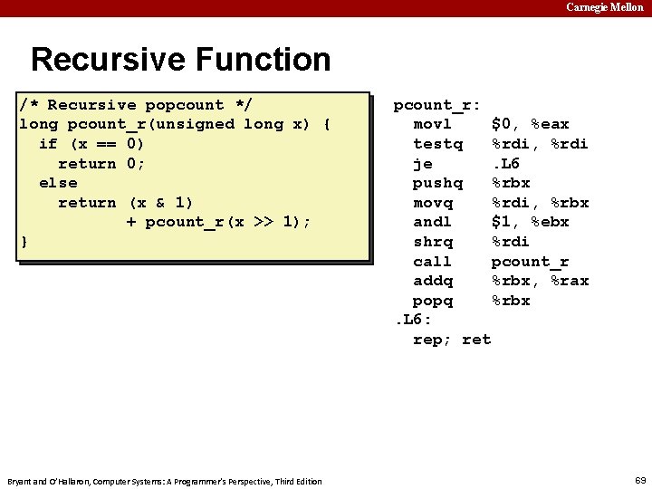 Carnegie Mellon Recursive Function /* Recursive popcount */ long pcount_r(unsigned long x) { if