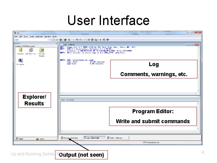 User Interface Log Comments, warnings, etc. Explorer/ Results Program Editor: Write and submit commands