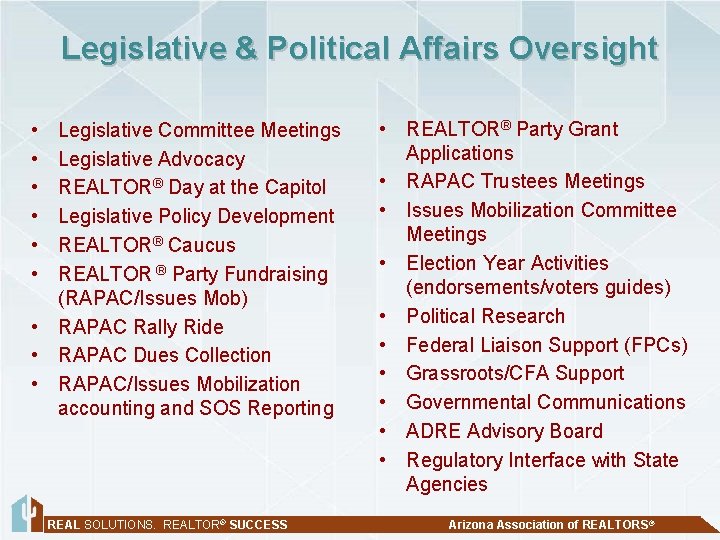 Legislative & Political Affairs Oversight • • • Legislative Committee Meetings Legislative Advocacy REALTOR®