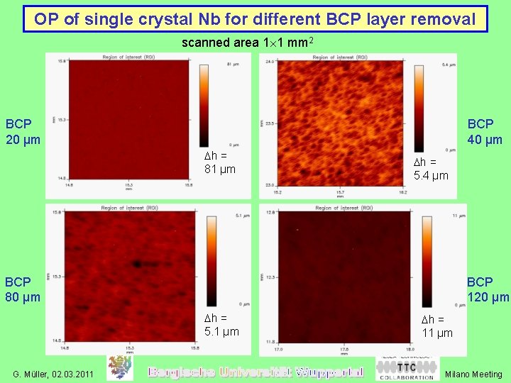 OP of single crystal Nb for different BCP layer removal scanned area 1 1