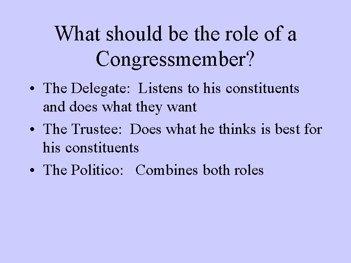 What should be the role of a Congressmember? • The Delegate: Listens to his