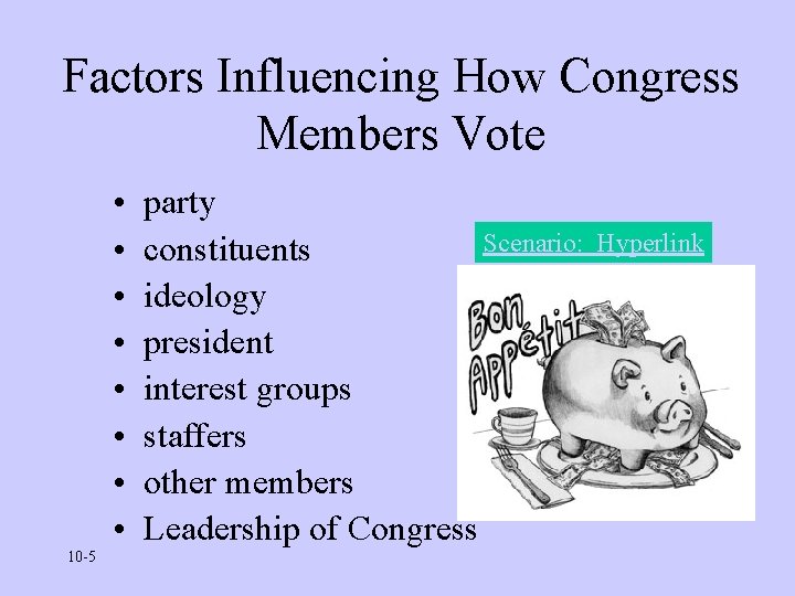 Factors Influencing How Congress Members Vote • • 10 -5 party Scenario: Hyperlink constituents