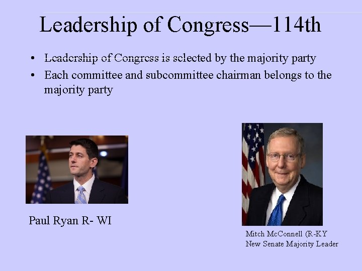 Leadership of Congress— 114 th • Leadership of Congress is selected by the majority