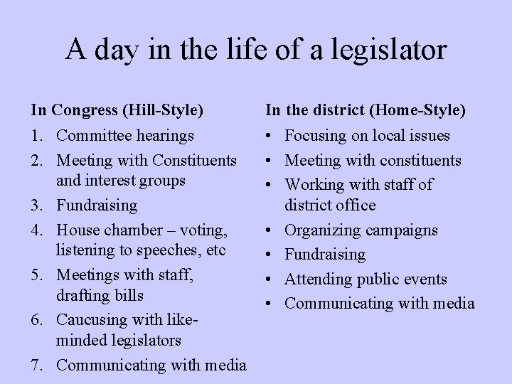 A day in the life of a legislator In Congress (Hill-Style) In the district