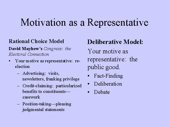 Motivation as a Representative Rational Choice Model David Mayhew’s Congress: the Electoral Connection •