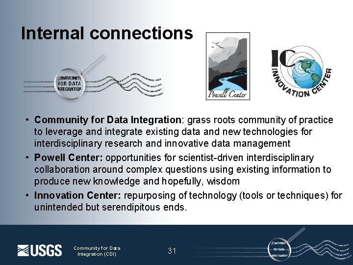 Internal connections • Community for Data Integration: grass roots community of practice to leverage