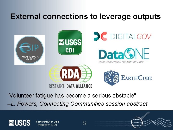 External connections to leverage outputs “Volunteer fatigue has become a serious obstacle” –L. Powers,