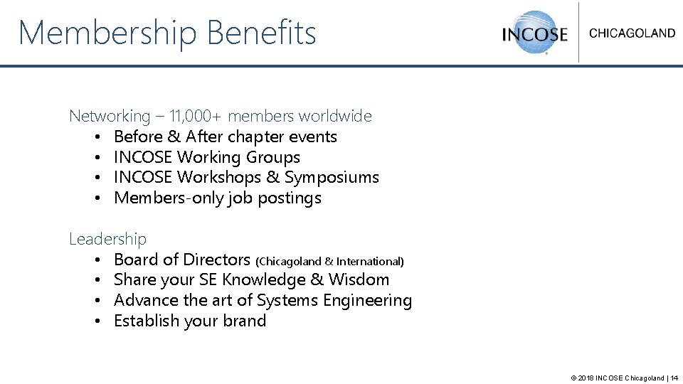 Membership Benefits Networking – 11, 000+ members worldwide • Before & After chapter events