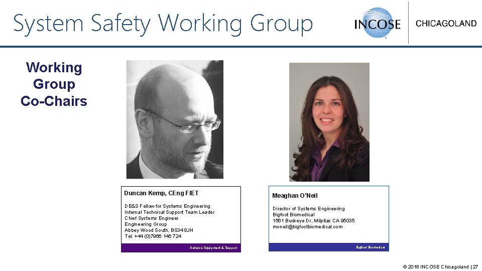 System Safety Working Group Co-Chairs Duncan Kemp, CEng FIET DE&S Fellow for Systems Engineering