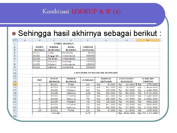 Kombinasi LOOKUP & IF (4) l Sehingga hasil akhirnya sebagai berikut : 