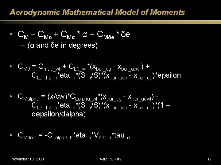 Aerodynamic Mathematical Model of Moments • CM = CMo + CMα * α +