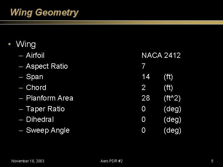 Wing Geometry • Wing – – – – Airfoil Aspect Ratio Span Chord Planform