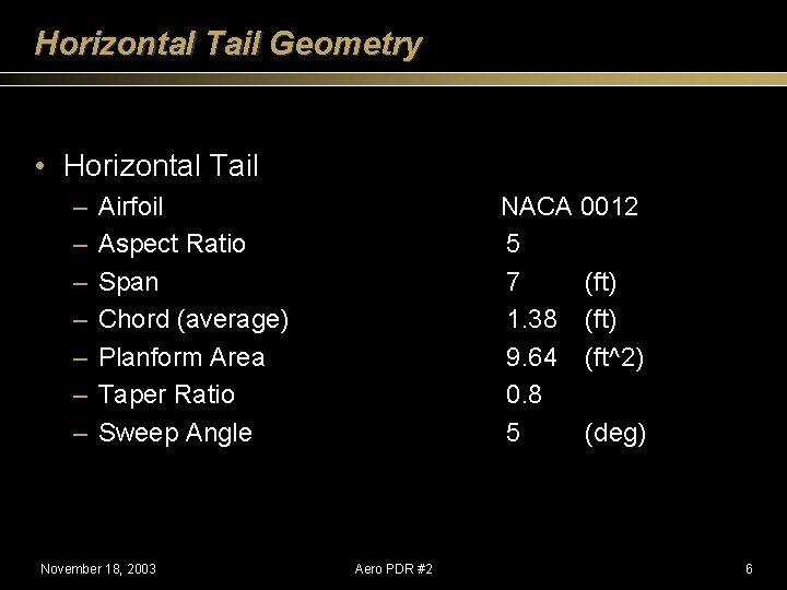 Horizontal Tail Geometry • Horizontal Tail – – – – Airfoil Aspect Ratio Span