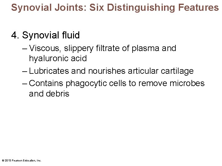 Synovial Joints: Six Distinguishing Features 4. Synovial fluid – Viscous, slippery filtrate of plasma