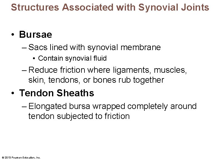 Structures Associated with Synovial Joints • Bursae – Sacs lined with synovial membrane •