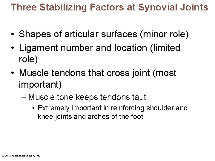 Three Stabilizing Factors at Synovial Joints • Shapes of articular surfaces (minor role) •