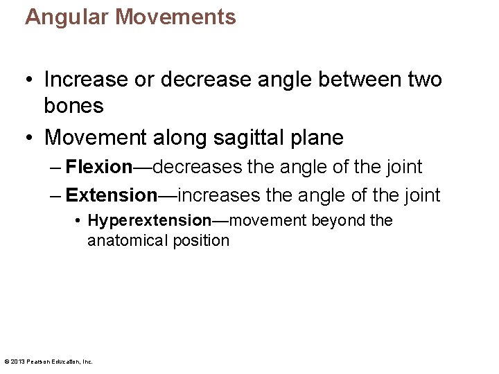 Angular Movements • Increase or decrease angle between two bones • Movement along sagittal