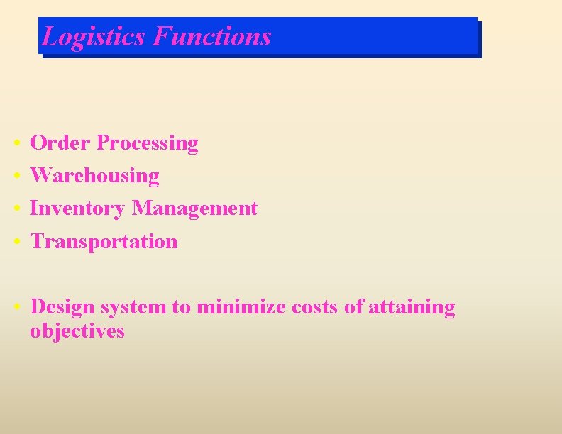 Logistics Functions • • Order Processing Warehousing Inventory Management Transportation • Design system to