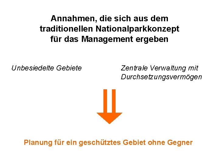 Annahmen, die sich aus dem traditionellen Nationalparkkonzept für das Management ergeben Unbesiedelte Gebiete Zentrale