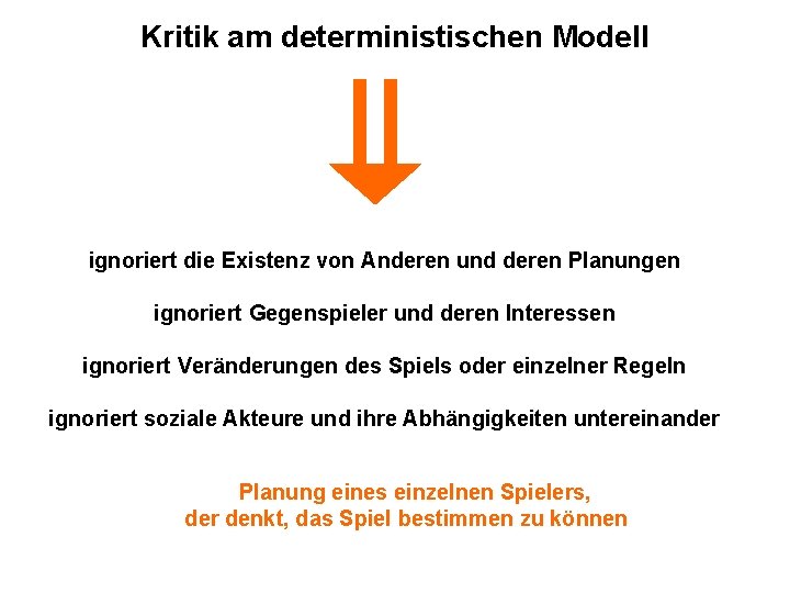 Kritik am deterministischen Modell ignoriert die Existenz von Anderen und deren Planungen ignoriert Gegenspieler