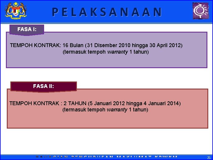 PELAKSANAAN FASA I: TEMPOH KONTRAK: 16 Bulan (31 Disember 2010 hingga 30 April 2012)