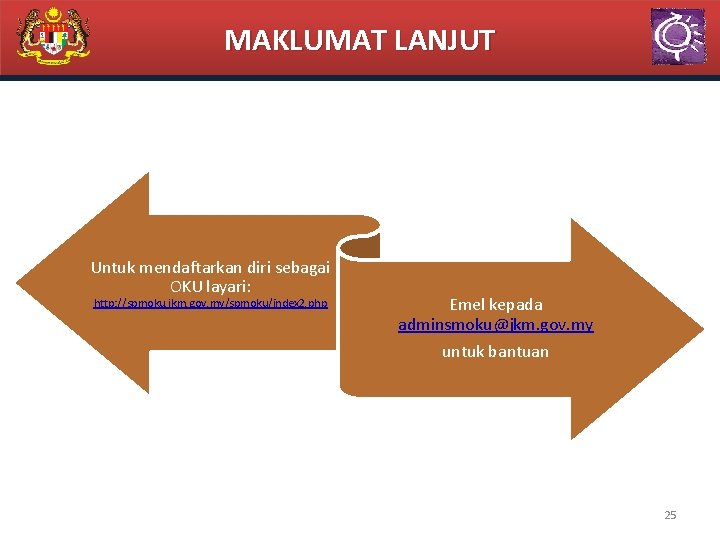 MAKLUMAT LANJUT Untuk mendaftarkan diri sebagai OKU layari: http: //spmoku. jkm. gov. my/spmoku/index 2.