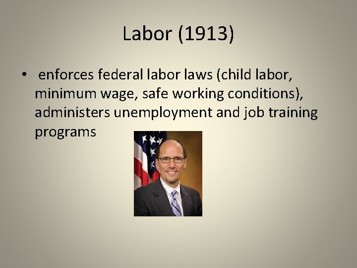Labor (1913) • enforces federal labor laws (child labor, minimum wage, safe working conditions),