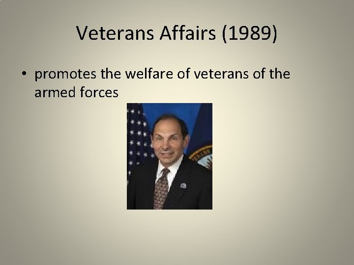 Veterans Affairs (1989) • promotes the welfare of veterans of the armed forces 