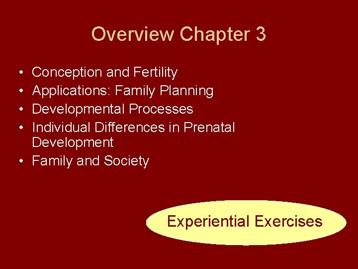 Overview Chapter 3 • • Conception and Fertility Applications: Family Planning Developmental Processes Individual