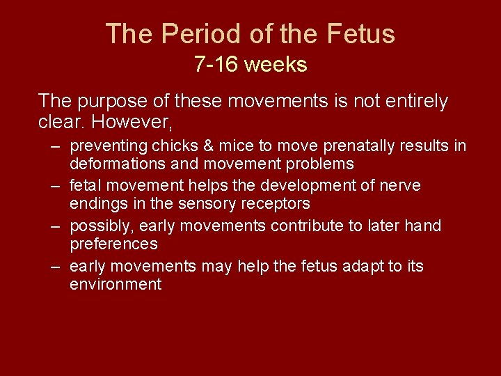 The Period of the Fetus 7 -16 weeks The purpose of these movements is