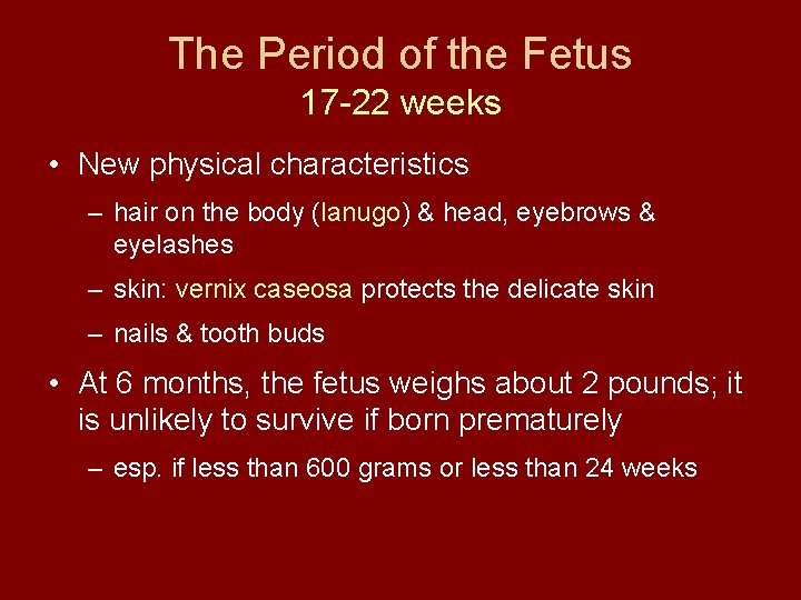 The Period of the Fetus 17 -22 weeks • New physical characteristics – hair