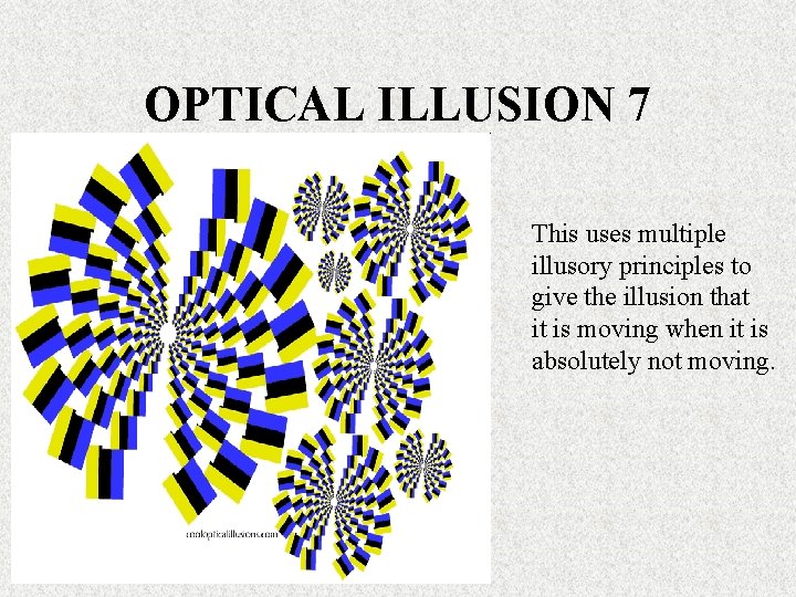 OPTICAL ILLUSION 7 This uses multiple illusory principles to give the illusion that it