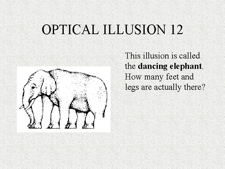 OPTICAL ILLUSION 12 This illusion is called the dancing elephant. How many feet and