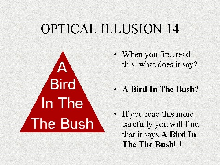 OPTICAL ILLUSION 14 • When you first read this, what does it say? •