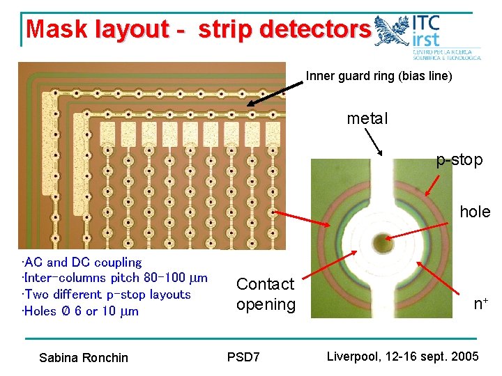 Mask layout - strip detectors Inner guard ring (bias line) metal p-stop hole •