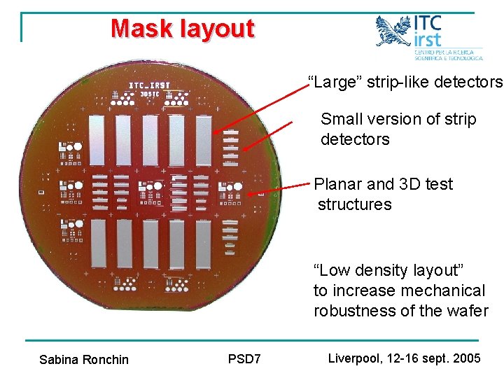 Mask layout “Large” strip-like detectors Small version of strip detectors Planar and 3 D